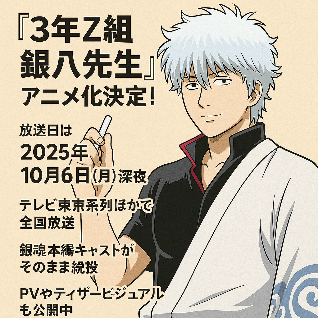 この記事を読むとわかること 『3年Z組銀八先生』アニメの放送日と配信情報 銀魂本編と同じ豪華キャスト陣の続投状況 PVやビジュアルで描かれる“銀魂らしさ”の魅力 「銀魂」スピンオフとして根強い人気を誇る『3年Z組銀八先生』がついにアニメ化！ この記事では、『3年Z組銀八先生』のアニメ化に関して、「アニメ化はいつ？」「放送日は？」「声優は誰？」「最新PVは？」という疑問をすっきり解決します。 放送スケジュールやキャスト情報、PV公開状況も網羅しているので、最新情報を知りたいファンの期待にしっかり応える内容です。 1. 『3年Z組銀八先生』アニメ化決定！放送日は2025年10月6日 『銀魂』ファン待望のスピンオフ作品『3年Z組銀八先生』が、ついにアニメ化されることが正式に発表されました。 2025年10月6日（月）から放送がスタートする予定で、ファンの間で話題沸騰となっています。 本記事では、アニメ化決定の背景や、放送スケジュール・放送局などの詳細を丁寧に解説していきます。 ① アニメ化発表の背景と公式発表 『3年Z組銀八先生』のアニメ化は、2025年8月10日に開催された「ジャンプフェスタSPステージ」で初めて明かされました。 ステージ上では、原作『銀魂』のキャスト陣が登壇し、アニメ化決定の報告と共にスペシャルPVの上映が行われ、会場は大きな歓声に包まれました。 このスピンオフは、もともと「週刊少年ジャンプ」にてギャグテイストで展開された人気作品であり、根強いファン層を持つコンテンツです。 アニメ化の発表直後からSNS上では「ついに来た！」といった声が相次ぎ、話題のトレンド入りを果たしました。 ② 放送開始日はいつ？放送局は？ 放送開始日は2025年10月6日（月）深夜0時30分からに決定しており、放送局はテレビ東京系列での全国ネット放送が予定されています。 また、地上波放送と同時に、各種動画配信サービス（U-NEXT、ABEMA、Netflixなど）でも見逃し配信が行われることが明らかになっています。 放送枠は『銀魂』本編と同じ深夜アニメ枠を予定しており、ファンにとってはなじみのある時間帯での再会となりそうです。 今後、各放送局の番組表や公式サイトで最新情報が更新される予定なので、定期的なチェックが欠かせません。 2. 主要キャスト一覧：おなじみの顔ぶれが集結！ 『3年Z組銀八先生』のアニメ化において、ファンの注目が最も集まっているのがキャスト情報です。 原作『銀魂』のメインキャスト陣が再集結している点は、まさに本作の大きな魅力と言えるでしょう。 ここでは、担任役の坂田銀八をはじめ、クラスの生徒や教職員として登場するキャラクターたちのキャスト情報を詳しく紹介します。 ① 担任・坂田銀八／杉田智和ほか主要キャスト 坂田銀八（CV：杉田智和）はもちろんのこと、本作でも変わらぬ存在感で担任教師役として登場。 さらに、生徒役として志村新八（CV：阪口大助）、神楽（CV：釘宮理恵）といった、おなじみの“万事屋トリオ”が健在です。 声優陣はオリジナルキャストをそのまま起用しており、当時の雰囲気が完全に再現されている点が高評価を集めています。 ファンにとっては「声を聞くだけで安心する」という声も多く、銀魂ワールドに再び浸ることができるのが最大の魅力です。 ② その他の生徒＆教職員キャストは？ 銀八クラスには、土方十四郎（CV：中井和哉）、沖田総悟（CV：鈴村健一）、桂小太郎（CV：石田彰）など、原作の人気キャラが勢揃いしています。 教職員サイドでは、校長役に近藤勲（CV：千葉進歩）、保健医に柳生九兵衛（CV：折笠富美子）など、銀魂ならではの“癖の強いキャラたち”が教室を盛り上げます。 また、ゲストキャラクターとしての出演も期待されているキャラも多く、サプライズ的な登場にファンの妄想も膨らんでいます。 これまでのスピンオフ作品と同様に、パロディやギャグを得意とする声優陣が繰り広げる掛け合いにも注目です。 3. 最新PV＆ティザービジュアルをチェック！ アニメ化の発表と同時に解禁されたPVとティザービジュアルは、ファンの期待を一気に高めました。 原作のギャグセンスやキャラクターの魅力をそのままに、アニメーションならではの演出が詰まった内容となっています。 ここでは、公開された最新映像の見どころや、注目すべきビジュアル要素を詳しく紹介していきます。 ① 本PV・ティザーPVの公開状況 2025年8月10日、ジャンプフェスタSPで初公開された本PVは、YouTubeの公式「銀魂チャンネル」でも同時配信されました。 PVでは坂田銀八が担任として教壇に立ち、生徒たちとドタバタ劇を繰り広げるシーンが展開。 銀魂らしいテンポの速い会話劇、メタ発言、そして意味不明な教育指導がふんだんに盛り込まれており、まさに“銀魂イズム”全開の仕上がりです。 ティザーPVは約30秒の短編ながらも、銀八の名（迷）言が炸裂し、ネットでは「これぞ銀魂」「懐かしい」といった声が多く上がっています。 ② ビジュアルの魅力と注目ポイント ティザービジュアルでは、教壇に立つ銀八を中心に、生徒たちが教室内で個性を発揮している構図が描かれています。 背景には黒板や落書き、爆発寸前の理科実験セットなど、“破天荒な学園生活”を象徴するアイテムが散りばめられています。 アニメーション制作は『銀魂』本編と同じBN Picturesが担当しており、作画クオリティやキャラクターの表情の細かさも高評価を得ています。 ビジュアルは公式サイトや各種SNSで随時更新されているため、要チェックです。 まとめ：『3年Z組銀八先生』アニメ化の全貌まとめ 『3年Z組銀八先生』のアニメ化は、長年ファンに愛されてきたスピンオフ作品の新たな展開として、大きな注目を集めています。 放送開始は2025年10月6日（月）、キャストは銀魂本編と同じ声優陣が続投と、期待感が高まる要素が満載です。 さらに最新PVやティザービジュアルの公開により、作品世界の再現度とアニメーションの完成度の高さも話題となっています。 今回のアニメ化では、原作のギャグと学園要素の融合がより強調され、銀魂らしいノリと笑いがたっぷり詰まった作品になることが予想されます。 「銀魂ロス」を感じていたファンにとっては、まさに“帰ってきた銀魂”ともいえる貴重な機会です。 今後も追加キャストや新ビジュアル、配信情報の解禁が順次行われると思われるため、公式サイトやSNSのフォローは必須です。 笑いあり、パロディあり、教育的指導（？）ありの『3年Z組銀八先生』。 放送日を楽しみに待ちながら、最新情報を追いかけていきましょう！ この記事のまとめ 『3年Z組銀八先生』がアニメ化決定 放送開始は2025年10月6日（月）深夜 テレビ東京系列ほかで全国放送 銀魂本編キャストがそのまま続投 PVやティザービジュアルも公開中 ギャグと学園要素の融合が見どころ 配信はU-NEXT、ABEMA、Netflix等 懐かしの“銀魂ノリ”が満載の内容 今後の追加情報は公式サイトで確認