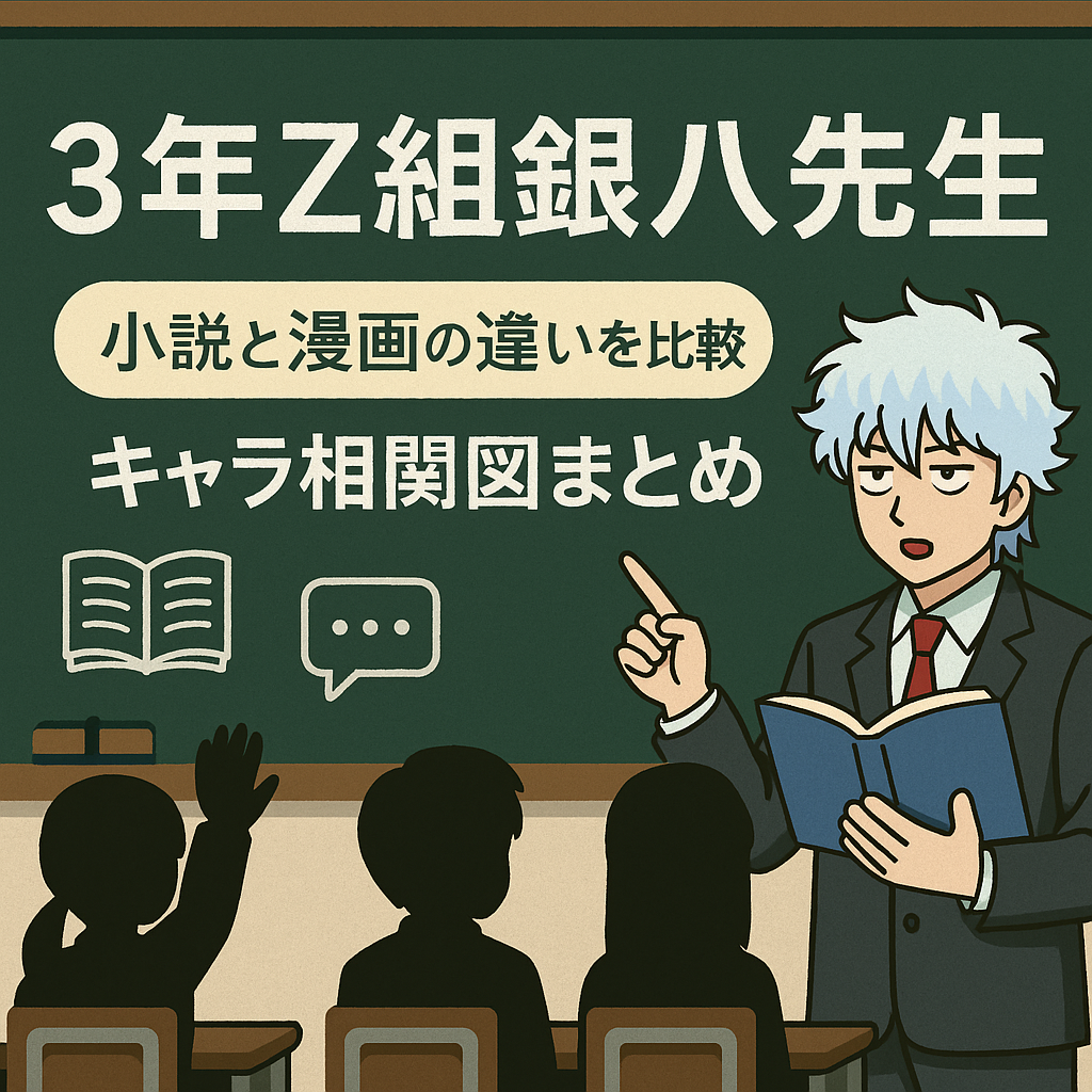 『3年Z組銀八先生』登場人物・キャラクター相関図まとめ【銀魂スピンオフ】 『3年Z組銀八先生』漫画版と小説版の主な違い 媒体ごとのギャグ表現やテンポ感の違い 小説・漫画どちらを読むべきかの選び方 『3年Z組銀八先生』は、人気作品『銀魂』のスピンオフとして登場した学園パロディ作品です。 おなじみの銀魂キャラたちが学生や教師に扮し、まさかの学園生活を送る本作は、ギャグとカオスが全開！ この記事では、『3年Z組銀八先生』に登場する主要キャラクターを紹介しながら、関係性が一目でわかる相関図風のまとめをご紹介します。 「このキャラってどんな立ち位置？」「あのキャラとの関係は？」など、気になるポイントを整理しながら、本作の世界観をより深く楽しんでいきましょう！ 『3年Z組銀八先生』とは？ 『3年Z組銀八先生』は、人気漫画『銀魂』のスピンオフ作品であり、学園を舞台にしたパロディ形式のコメディ小説・漫画です。 坂田銀時が銀八先生として担任教師を務め、個性豊かなキャラクターたちが生徒として登場する“もしも”の世界が描かれます。 原作の空知英秋が監修し、大崎知仁による小説版と、後に発表された漫画版（コミカライズ）が展開され、銀魂ファンから根強い人気を誇っています。 『3年Z組銀八先生』の魅力は、なんといっても「銀魂キャラたちがもし教師や生徒だったら？」という妄想全開の世界観にあります。 設定自体がカオスでありながら、キャラクターの個性がそのまま活かされており、原作とは違った一面を垣間見ることができます。 ギャグ要素をベースにしながらも、どこか心温まるエピソードもあり、『銀魂』本編とは異なる楽しみ方が可能な作品として高く評価されています。 また、小説は2006年から2009年にかけて全4巻が刊行されており、いずれも完全書き下ろしのエピソードを収録。 その後、一部の内容が漫画化され、銀魂単行本やファンブックの巻末おまけとして掲載されたことから、より多くのファンの目に触れることとなりました。 こうしたマルチメディア展開により、『3年Z組銀八先生』は、「銀魂スピンオフの金字塔」として語り継がれる存在となったのです。 特に注目したいのが、登場キャラの役割の再構築。 たとえば、本来は真選組の副長である土方が生徒としてツッコミを担ったり、攘夷志士の桂が校則違反をくり返す問題児として描かれたりと、キャラクターの立ち位置にユーモラスな変化が加えられています。 この設定遊びが、ファンの妄想を見事にくすぐり、作品としての中毒性を高めているのです。 結果として、『3年Z組銀八先生』は、銀魂本編を知らない人でも楽しめる学園ギャグ作品でありながら、原作ファンにとっては“隠し味”のようなスピンオフとなっています。 この記事では、そんな『3年Z組銀八先生』の魅力を深掘りしつつ、登場キャラクターとその相関関係をわかりやすくまとめていきます。 キャラの関係性や立ち位置を整理しながら、作品世界をより深く味わいたい方に、必見の内容です。 主要キャラクター一覧【担任・生徒編】 『3年Z組銀八先生』の舞台となるのは、まさに“銀魂高校”とも呼ぶべき破天荒な学園です。 坂田銀時＝銀八先生を筆頭に、原作では警察組織や攘夷志士だったメンバーたちが、教師や生徒として登場する異色の設定。 ここでは、読者にとっておなじみのキャラたちがどのように学園に登場するのかを整理して紹介していきます。 まず担任教師として登場するのが、もちろんこの人――銀八先生（坂田銀時）です。 外見や性格は本編の銀時そのままで、教師としての威厳はまったくなく、授業中にジャンプを読む、酒を飲む、寝る、などやりたい放題。 生徒たちからも「やる気のない先生」として認知されながらも、時折見せる“人情”や“侍魂”が、学級の軸として機能しています。 生徒として登場するのは、万事屋メンバーである志村新八と神楽。 新八は「クラスのツッコミ役」として日々銀八先生のボケや無責任発言に振り回されるポジション。 神楽は本編同様、天真爛漫で大食い・暴走系の女子生徒として登場し、破壊力抜群のギャグ要員として活躍します。 真選組メンバーも学園に生徒として存在しており、土方十四郎は「風紀委員的ポジション」で登場。 彼は常に規律を守らせようとする真面目キャラですが、銀八先生との温度差により毎回“ツッコミ疲れ”しています。 彼の名物・マヨネーズ愛は本作でも健在で、校内にマヨネーズ持参で登校するシーンなども描かれています。 一方、沖田総悟は生徒でありながらも“裏番長”的存在。 ドS気質がより強調され、土方とのやり取りや神楽との張り合いが日常茶飯事になっています。 そのくせ成績は意外と良かったりするなど、意外性ある魅力が存分に発揮されています。 このように、『3年Z組銀八先生』では原作の役職や関係性を踏襲しつつも、学園という舞台に合わせてアレンジされたキャラ配置が見どころ。 「もしこのキャラが生徒だったら？」という妄想が公式で実現しているのが最大の魅力です。 次の見出しでは、教員陣やゲストキャラなど、さらなる登場人物たちにもスポットを当てていきます。 サブキャラ・教員陣・ゲストキャラも要チェック！ 『3年Z組銀八先生』では、主要メンバーだけでなく、サブキャラやゲスト的立ち位置のキャラクターたちも学園内で独自の役割を持っています。 これらの登場人物が加わることで、物語はより一層カオスかつ魅力的な展開を見せています。 ここでは、銀魂ファンなら思わずニヤリとする、学園版アレンジの“あの人たち”を紹介します。 まずは攘夷志士組の代表格、桂小太郎。 『3年Z組』では、常に校則違反すれすれの行動を繰り返す“問題児ポジション”として登場し、あのエリザベスももちろん一緒に学園生活を送っています。 銀八先生との掛け合いや、独特のボケとツッコミの応酬が笑いどころ満載です。 次に紹介するのが、かつての盟友でありながらライバル的存在の高杉晋助。 学園では不良的な立ち位置で登場することが多く、そのカリスマ性は健在。 教室内に爆弾を仕掛けようとしたり、教師に歯向かったりするなど、原作の“反逆精神”を学園ギャグに昇華させたキャラとして描かれています。 また、真選組の上司にあたる近藤勲も登場し、役割は「体育教師」や「生活指導」などで描かれることが多いです。 ゴリラネタは学園版でも健在で、妙（新八の姉）との恋愛（片想い）エピソードもギャグ要素として盛り込まれています。 彼の真面目で暑苦しい性格が、銀八先生との対比でさらに強調され、生徒とのズレたやり取りが笑いを誘います。 忘れてはいけないのが、真選組の山崎退（やまざき さがる）。 彼は「万年補習組」「豆腐メンタル」「バドミントン命」という要素を残しつつ、学園内でいじられ役として活躍。 原作以上に「影の主役」として機能しており、一部のファンからは“銀八先生版の愛されキャラ”として認識されています。 また、エリザベス、たま、九兵衛、猿飛あやめ、坂本辰馬など、ゲスト的立ち位置のキャラクターも多数登場します。 いずれも学園という設定に即したアレンジが施され、「このキャラが学園にいたらこうなる」という妄想を具現化したかのような描かれ方が魅力です。 さらに、原作にはないオリジナルの教師キャラや他校の生徒なども登場し、スピンオフとしての深みを演出しています。 このように、『3年Z組銀八先生』は主要キャラだけでなく、脇を固める登場人物の存在感も非常に強く、原作とのギャップを楽しめるのが最大の魅力です。 次の見出しでは、こうしたキャラクターたちのつながりを視覚的に把握するための“相関図的まとめ”を紹介していきます。 キャラクター相関図まとめ 『3年Z組銀八先生』の魅力のひとつは、学園という舞台に再配置されたキャラクターたちの人間関係です。 このセクションでは、担任・生徒・教師・ゲストキャラがどのように関わり合っているのか、相関図風にわかりやすく整理していきます。 原作の関係性を知っているファンにはニヤリとできる構成、初見の読者にもキャラ配置がすぐわかる内容です。 銀八先生（坂田銀時） 担任教師。生徒からは尊敬されていないが、時々いいことを言って空気を締める。 神楽 銀八のクラスの女子生徒。食欲旺盛・暴走気味。沖田とよく喧嘩。 志村新八 クラスの良心。ツッコミ担当。銀八に振り回されながらも真面目に生きる。 土方十四郎 風紀委員長的存在。真面目すぎて逆に浮くが、規律には厳しい。 沖田総悟 ドSな問題児。神楽とケンカが絶えないが、お互い認め合っている様子も。 桂小太郎 謎の転校生。エリザベスと共に日々イレギュラーな行動を繰り返す。 近藤勲 生活指導担当教師。妙先生に片想い中。毎回失恋。 山崎退 万年補習組。バドミントン部所属。地味だが一部ファンに絶大な人気。 坂本辰馬 よく笑い、教室に乱入してくるフリーダムな存在。学園外の謎の大人枠。 高杉晋助 校内を荒らす不良リーダー的存在。爆破予告の常習犯。 このように、『3年Z組銀八先生』では原作での役職や立ち位置をベースにしつつ、学園用にキャラ配置を再構成しています。 たとえば、万事屋メンバーが「生徒」になり、真選組は「生徒と教師の両方」に振り分けられ、攘夷志士は「転校生」や「問題児」として配置されています。 その結果、原作ではありえないような関係性ややりとりが実現し、読者に新鮮な笑いと驚きを提供しているのです。 また、相関図的に見ると、「銀八 vs 土方」「神楽 vs 沖田」「銀八＆近藤 vs 学校運営」などの構図が浮かび上がります。 これらの関係性は、まるでコントの台本のように繰り返されつつも、時に感動や人間味を見せることで深みを演出しています。 登場人物同士の距離感や衝突が作品全体のテンポを生み、読者を飽きさせません。 以上のように、キャラクターの相関性を整理することで、物語の構造や魅力がより明確に見えてきます。 次の見出しでは、この学園パロディ作品がなぜ支持されるのか、ファンの感想や評価を紹介しながら掘り下げていきます。 ファンの感想と評価 『3年Z組銀八先生』は、銀魂のスピンオフ作品でありながら、独自のファン層と高い支持を得てきた作品です。 ここでは、小説版・漫画版それぞれに寄せられているファンの声や、その人気の背景を紹介していきます。 「本編とは別軸の楽しみ方ができる」との評価が多く、銀魂ファンなら一度は読んでほしいという声が多数見られます。 小説版への感想で特に多いのは、「文章だけでここまで笑わせてくるのか」という驚きの声です。 地の文までしっかりギャグが詰め込まれており、空知作品らしいテンポと“間”を文章だけで表現している点が高評価の理由となっています。 また、原作にはないオリジナルストーリーや書き下ろしの構成についても、「本編以上にキャラが掘り下げられている」「外伝というよりもう1つの本編」といった声も聞かれます。 一方、漫画版については、「テンポが最高」「絵で見るギャグの破壊力がエグい」といった視覚的な魅力に関する感想が目立ちます。 吹き出しの使い方、誇張された表情、独特のコマ割りなどが、スピンオフらしい“軽快さ”を強調しており、読者にとってはとにかく読みやすい構成になっています。 「本編の箸休めとして読むとちょうどいい」という評価も多く、気軽に楽しめる点も人気の理由です。 また、両方読んだファンからは「小説と漫画でまったく違う楽しみ方ができる」という感想が寄せられており、メディアミックスの成功例としても挙げられる作品となっています。 とくに印象的なのは、「小説を読んだあとに漫画を読むとキャラの動きが鮮明に浮かぶ」「漫画で見たシーンを小説で読むと、裏の心理描写がわかって面白い」といった相互補完の効果を挙げる声です。 このように、表現媒体の違いがそのまま魅力になっている点は、数あるスピンオフ作品の中でも特筆すべきポイントでしょう。 さらに、SNS上では「3Zのアニメ化を希望する」という投稿も定期的に見られるなど、未だに根強いファン人気を誇っています。 キャラクターたちの新たな一面を発見できる点や、本編とは異なる自由度の高さが、リピーターを生み続けている要因です。 次の見出しでは、これまでの情報を総括し、「どちらを読むべきか？」の選び方をまとめていきます。 まとめ｜相関図で読み解く“3年Z組”の魅力 『3年Z組銀八先生』は、ただの学園パロディにとどまらず、原作『銀魂』のキャラクターを“学園”という異なる舞台に見事に落とし込んだスピンオフ作品です。 小説版と漫画版の両方に個性があり、どちらから読んでもこの世界観の“深さ”と“面白さ”に触れることができます。 登場人物同士の関係性や立ち位置を把握することで、物語にさらなる臨場感と没入感が生まれます。 特に、今回整理したキャラクター相関図は、“笑いの構造”と“キャラの魅せ方”の設計図とも言えるものです。 ツッコミ役の新八、暴走系の神楽、風紀委員の土方、裏番長の沖田、問題児の桂…。 それぞれのポジションがギャグを回す歯車となっており、まるで学園舞台の中で「銀魂演劇」を見ているような感覚が味わえます。 また、小説版では文字を通じて心理描写やギャグの“余韻”がじっくり楽しめる一方、漫画版ではテンポの良さと視覚的インパクトが際立ちます。 どちらを読むかは好みや読書スタイルによって変わりますが、銀魂ファンであれば、ぜひ両方手に取ってその違いを楽しんでほしい作品です。 “読む順番”に正解はありません。 どのキャラが好きか？ どんなノリが好みか？ どこで笑いたいか？ その答えによって、読むべき媒体が自然と見えてくるでしょう。 そして、読み進めるうちに、「あのキャラが教師だったら」「この2人の関係性がこんなふうに？」といった妄想が、すでに作品として具現化されていることに驚かされるはずです。 『3年Z組銀八先生』は、単なるパロディではありません。 キャラクター愛と構成力で成り立つ、ファンにとっての“もうひとつの銀魂”です。 あなたもぜひ、銀八先生の教壇と、カオスな教室の扉を開いてみてください。 この記事のまとめ 『3年Z組銀八先生』は銀魂の公式学園パロディ作品 小説版と漫画版で表現・テンポ・雰囲気が大きく異なる 銀時＝銀八先生、神楽や新八が生徒として登場 土方・沖田・桂・高杉など人気キャラも学園設定で登場 小説は文字による想像と地の文ギャグが魅力 漫画はテンポと表情ギャグで爆笑必至 キャラ同士の関係性が学園相関図で整理できる ファン評価も高く、双方読むことで理解が深まる